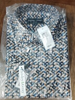 Paisley & Gray Geometric Print Button-Down Shirt in Blue, Tan & White